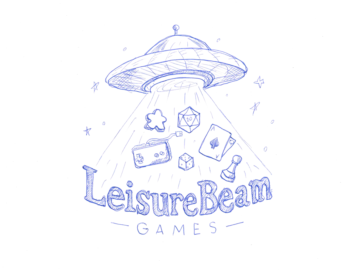 Leisurebeam Games banner: hand-drawn illustration of a UFO beaming up game pieces, above the LeisureBeam Games wordmark