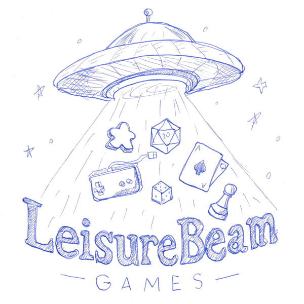 Leisurebeam Games logo: a hand-drawn UFO beaming up a meeple, d20, controller, playing card, dice and pawn